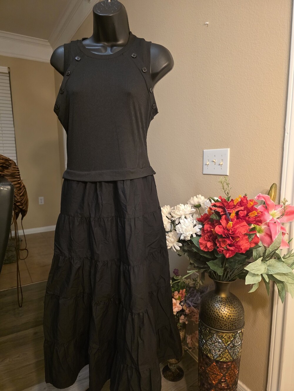 Nicole Miller Sleeveless Black Tiered Maxi Dress